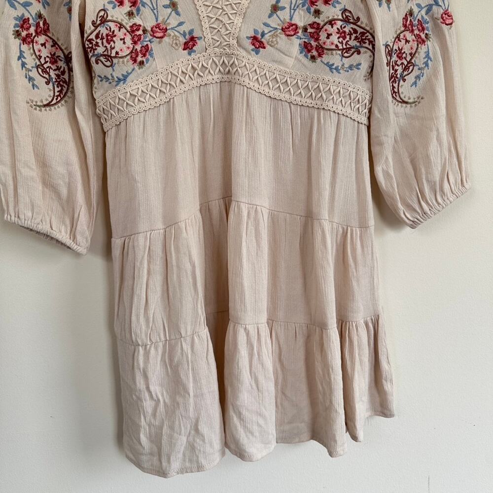 Audrey Parks Francescas Boho Norah Dress XS Floral Embroidered A Line 3/4 Sleeve - Picture 7 of 13